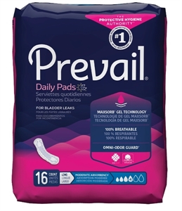 Picture of Prevail Daily Pads Moderate Long 11" (Pack of 16) aka Pant Liners, Prevail Moderate Long Bladder Pads, Prevail Daily Pads Moderate Long 16 per pack, Bladder Control Pads, Prevail BC-013